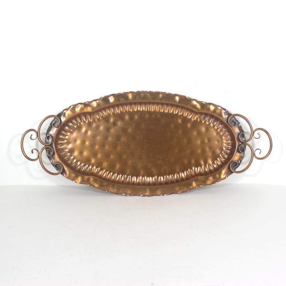 Vintage Arts and Crafts Oval Hammered Copper Drinks Tray with Swirled Handles